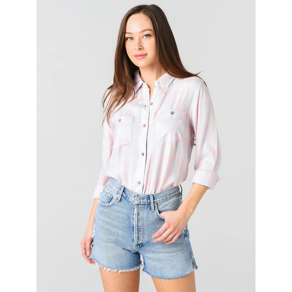 FAHERTY Women's Malibu Shirt Size XS Soft Pink Blue Plaid Lightweight Top Summer